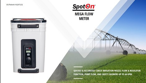 The SpotOn® Mega Flow Meter quickly and accurately checks irrigation nozzle flow and regulator function, pump flow, and safety showers up to 44 GPM, it replaces the SpotOn® Irrigation Flow Meter
