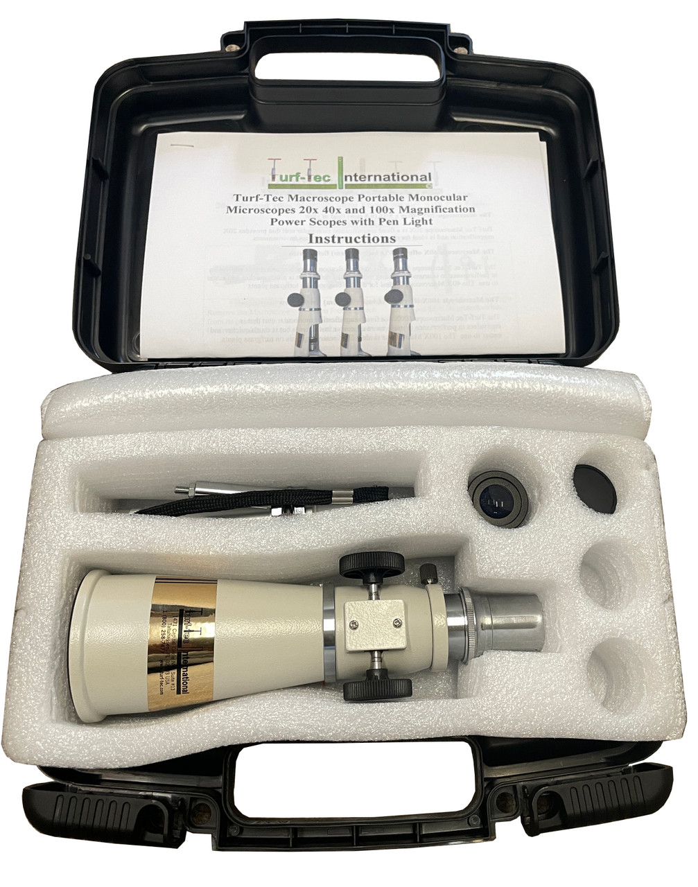 Turf-Tec MACROSCOPE portable monocular microscopes. 20x 40x and 100x magnification power scopes with pen light and hard case