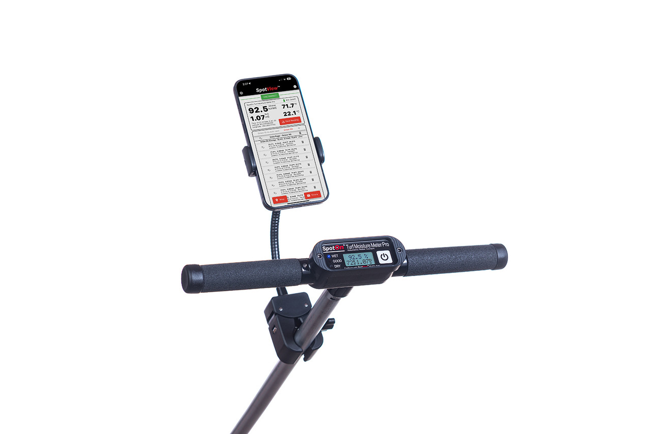 The handy cell phone holder is designed to be used with the Spot On VWC Soil Moisture Meter Pro Model. It attaches directly to the handle of the moisture meter and can be positioned by turning the adjustable arm to any viewing position. This allows you to view your cell phone while taking readings with the Spot On VWC Soil Moisture Meter Pro Model.