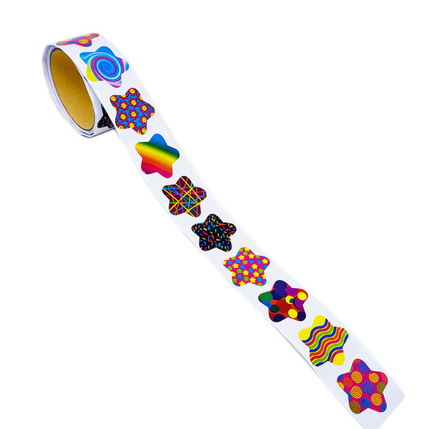 Roll of 100 funky star stickers featuring nine designs of large swirls, small swirls, wavy stripes, floating circles, mini stars, confetti, laser beams, flower power smiley faces, and a rainbow gradient