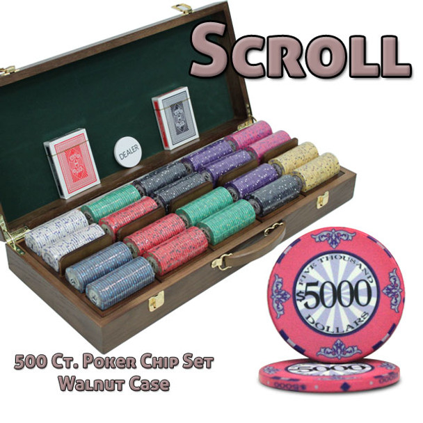 500 Ct Custom Breakout Scroll Chip Set - Walnut Case