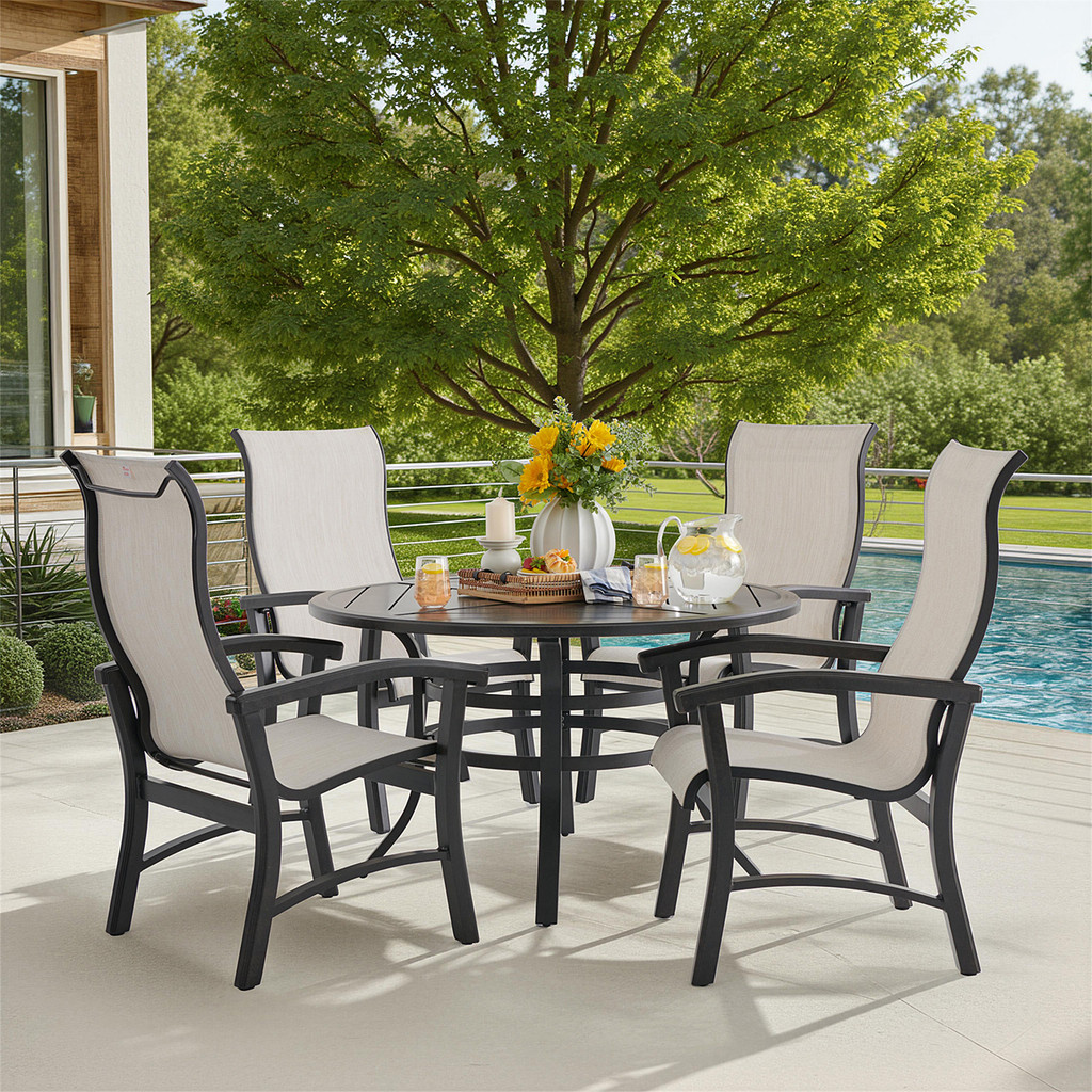 Outdoor dining set showing table and six chairs