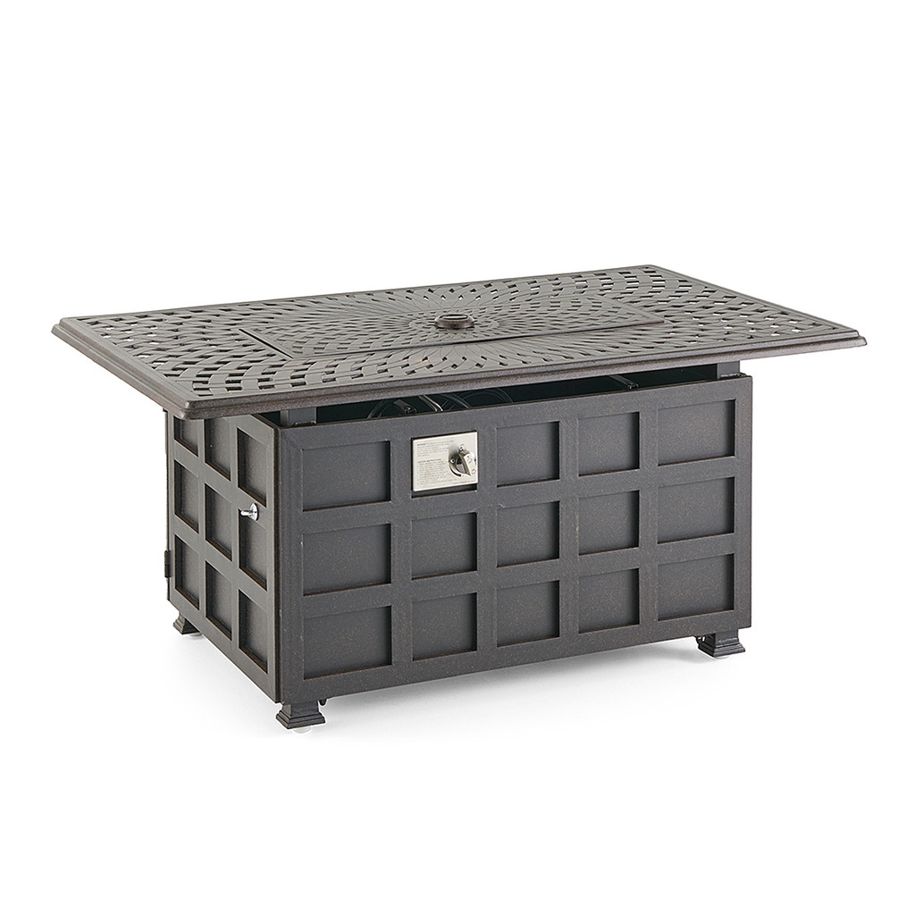 Fire pit table with built-in lid open showing interior lining