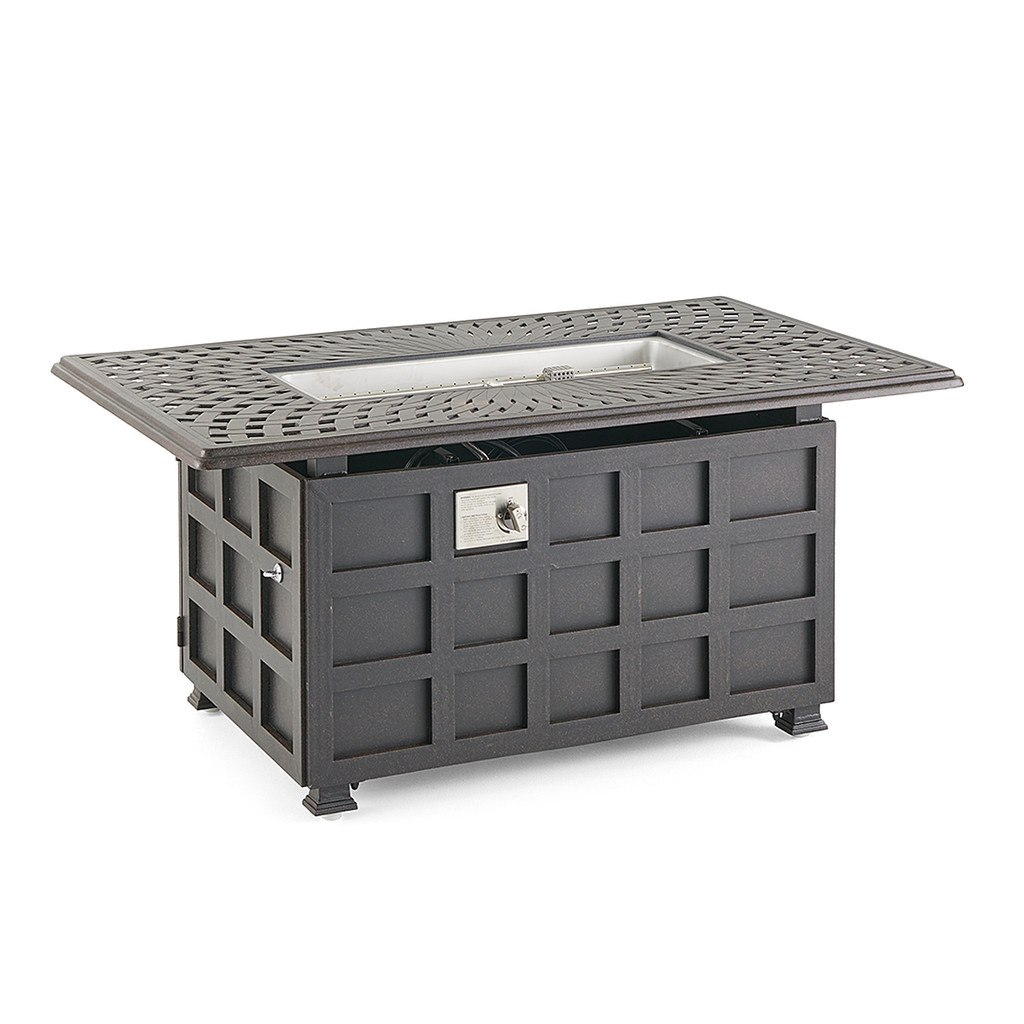 Side view of fire pit table with open inner compartment