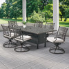 Milan Aged Bronze Cast Aluminum with Cushions 7 Piece Swivel Rocker Dining Set + 84 x 44 in. Fire Pit Table