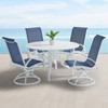 Cape Coral White Aluminum with Navy Sling 5 Piece Swivel Dining Set + 48 in. D Slat Top Table