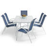 Cape Coral White Aluminum with Navy Sling 7 Piece Dining Set + 84 x 42 in. Rect. Slat Top Table