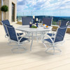 Cape Coral White Aluminum with Navy Sling 7 Piece Swivel Dining Set + 60 in. Hexagon Slat Top Table