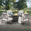Milan Aged Bronze Cast Aluminum with Cushions 5 Piece Chat Group + 48 in. D Fire Pit Coffee Table