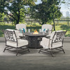 Milan Aged Bronze Cast Aluminum with Cushions 5 Piece Spring Chat Group in + 48 in. D Fire Pit Coffee Table