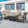 Lodge Aged Bronze Aluminum with Cast Ash Cushions 4 Piece Sofa Group + 58 x 36 in. LP Fire Pit Coffee Table