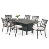 Milan Aged Bronze Cast Aluminum with Cushions 7 Piece Dining Set + 84 x 44 in. Fire Pit Table