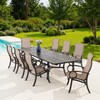 Eclipse Autumn Rust Aluminum with Elevation Stone Sling 9 Piece Dining Set + 86-128 x 44 in. Extension Table