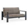Chelsea Textured Black Aluminum and Weathered Teak Outdoor Wicker Concealed Cushions 4 Pc. Loveseat Group + 46 x 26 in. Coffee Table 