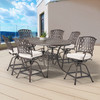 Tivoli Aged Bronze Cast Aluminum with Cushions 7 Piece Swivel Gathering Height Set + 66 x 44 in. Gathering Height Table