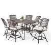 Tivoli Aged Bronze Cast Aluminum with Cushions 7 Piece Swivel Gathering Height Set + 66 x 44 in. Gathering Height Table