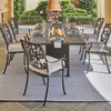 Carlisle Aged Bronze Cast Aluminum and Cushion 7 Pc. Dining Set with 84 x 44 in. Fire Pit Table