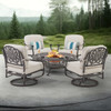 Cadiz Aged Bronze Cast Aluminum with Cushions 5 Piece Swivel Chat Group + 48 in. D Fire Pit Table