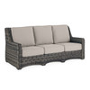 Tangiers Canola Seed Outdoor Wicker with Cushions 3 Piece Swivel Sofa Group + 42 in. Fire Pit Coffee Table