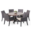 Tangiers Canola Seed Outdoor Wicker with Cushions 7 Piece Arm Dining Set + 60 in. D Table