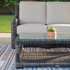 Tangiers Canola Seed Outdoor Wicker with Cushions 4 Piece Sofa Group + Swivel Club Chairs + 46 x 26 in. Glass Top Coffee Table