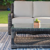 Tangiers Canola Seed Outdoor Wicker with Cushions 4 Piece Swivel Loveseat Group + 46 x 26 in. Glass Top Coffee Table