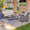 Tangiers Canola Seed Outdoor Wicker with Cushions 3 Piece Sofa Group + 46 x 26 in. Glass Top Coffee Table