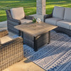 Tangiers Canola Seed Outdoor Wicker with Cushions 4 Piece Sofa Group + 42 in. Sq. Fire Pit Coffee Table
