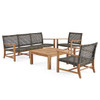 Hampton Driftwood Outdoor Wicker and Solid Teak 4 Piece Sofa Group + 35 in. Sq. Coffee Table