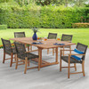 Hampton Driftwood Outdoor Wicker and Solid Teak 7 Piece Arm Dining Set + 67-87 x 47 in. Extension Table