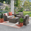 Contempo Husk Outdoor Wicker with Cushions 4 Piece Loveseat Group + 32 in. Sq. Glass Top Coffee Table