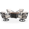 Hill Country Aged Bronze Aluminum and Cushion 5 Piece Swivel Chat + 34.5 in. Sq. Fire Pit Coffee Table