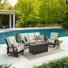 Eclipse Autumn Rust Aluminum with Pashmina Cloud Cushions 4 Piece Sofa Group + 58 x 36 in. Slat Top Gas Fire Pit
