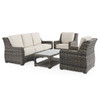 Tangiers Canola Seed Outdoor Wicker and Charmer Limestone Cushions 4 Piece Sofa Group + 46 x 26 in. Coffee Table