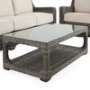Tangiers Canola Seed Outdoor Wicker and Charmer Limestone Cushions 4 Piece Swivel Sofa Group + 46 x 26 in. Coffee Table