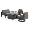 Chelsea Textured Black Aluminum and Weathered Teak Outdoor Wicker Concealed Cushions 4 Piece Swivel Loveseat Group + 42 in. Sq. Fire Pit Table