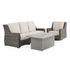 Tangiers Canola Seed Outdoor Wicker and Charmer Limestone Cushions 3 Piece Swivel Sofa Group + 52 x 32 in. Fire Pit Table