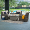 Tangiers Canola Seed Outdoor Wicker and Charmer Limestone Cushions 4 Piece Loveseat Group + 42 in. Sq. Fire Pit Table