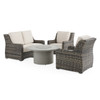 Tangiers Canola Seed Outdoor Wicker and Charmer Limestone Cushions 4 Piece Loveseat Group + 48 in. D Fire Pit Table