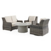 Tangiers Canola Seed Outdoor Wicker and Charmer Limestone Cushions 4 Piece Swivel Loveseat Group + 48 in. D Fire Pit Table