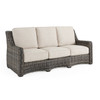 Tangiers Canola Seed Outdoor Wicker and Charmer Limestone Cushions 4 Piece Swivel Sofa Group + 42 in. Sq. Fire Pit Table