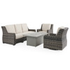 Tangiers Canola Seed Outdoor Wicker and Charmer Limestone Cushions 4 Piece Swivel Sofa Group + 52 x 32 in. Fire Pit Table