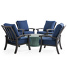 Fairmont Aged Bronze Aluminum with Cushions 5 Piece Chat Set + Sea Glass 36 in. D Fluted Coffee Table