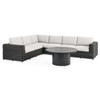 Laguna Smoke Outdoor Wicker with Cast Pumice Cushions 5 Piece Sectional + 48 in. D Fire Pit Table
