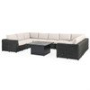 Laguna Smoke Outdoor Wicker with Cast Pumice Cushions 8 Piece Sectional + 42 in. Sq. Fire Pit Table