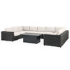 Laguna Smoke Outdoor Wicker with Cast Pumice Cushions 8 Piece Sectional + 52 x 32 in. D Fire Pit Table