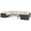 Laguna Smoke Outdoor Wicker and Solid Teak with Cast Pumice Cushions 8 Piece Sectional + 55 X 31 in. Coffee Table