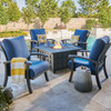 Fairmont Aged Bronze Aluminum with Spectrum Indigo Cushions 5 Piece Chat Set + 42 in. Sq. Fire Pit