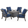 Fairmont Aged Bronze Aluminum with Spectrum Indigo Cushions 5 Piece Chat Set + 42 in. Sq. Fire Pit