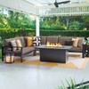 Chelsea Textured Black Aluminum and Weather Teak Outdoor Wicker Concealed Cushions 5 Piece Sectional + 52 x 32 in. Fire Pit Table